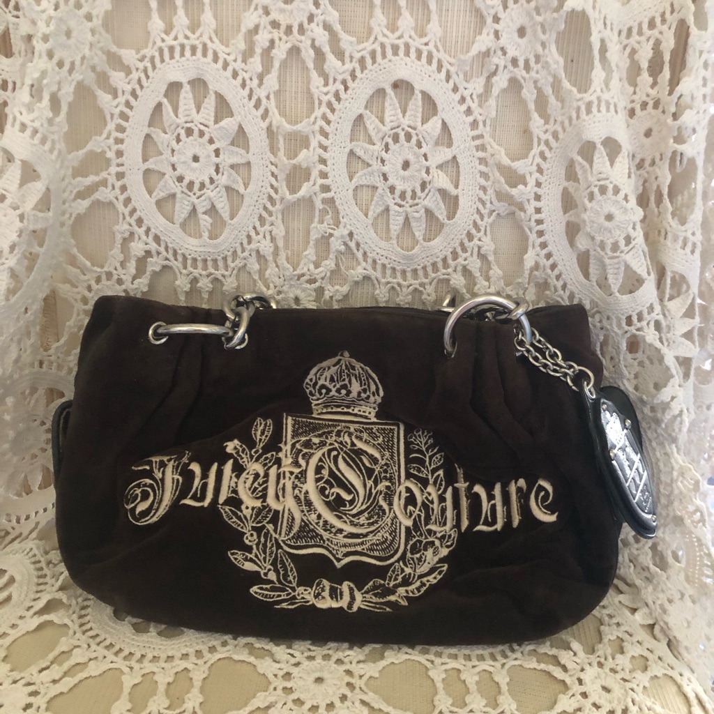 Juicy Couture Dark Brown Suede Embroidered Logo Shoulder Bag